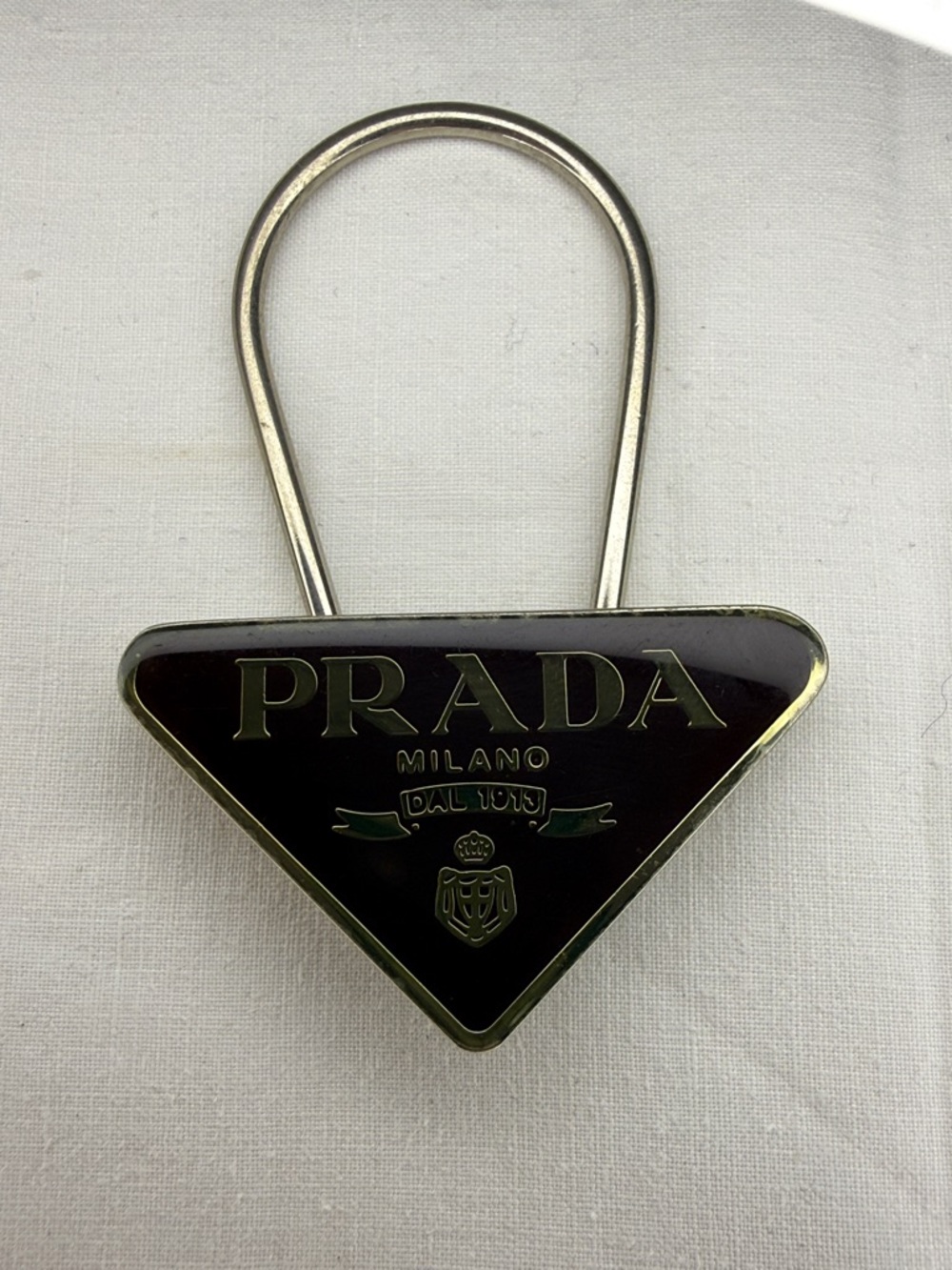 Prada Triangle Logo Key Ring Bag Charm Brown Silver Tone Milano
